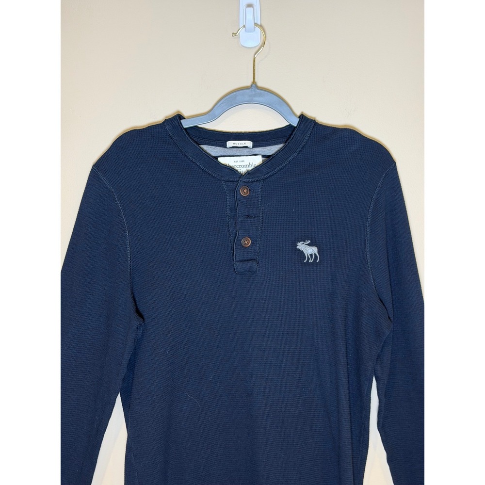 Abercrombie & Fitch Mens Henley Navy Blue Large Muscle Fit Waffle Knit Thermal - Picture 4 of 6